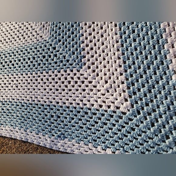Handmade Vintage crochet 64x58 Baby blue color block blanket - Picture 12 of 15